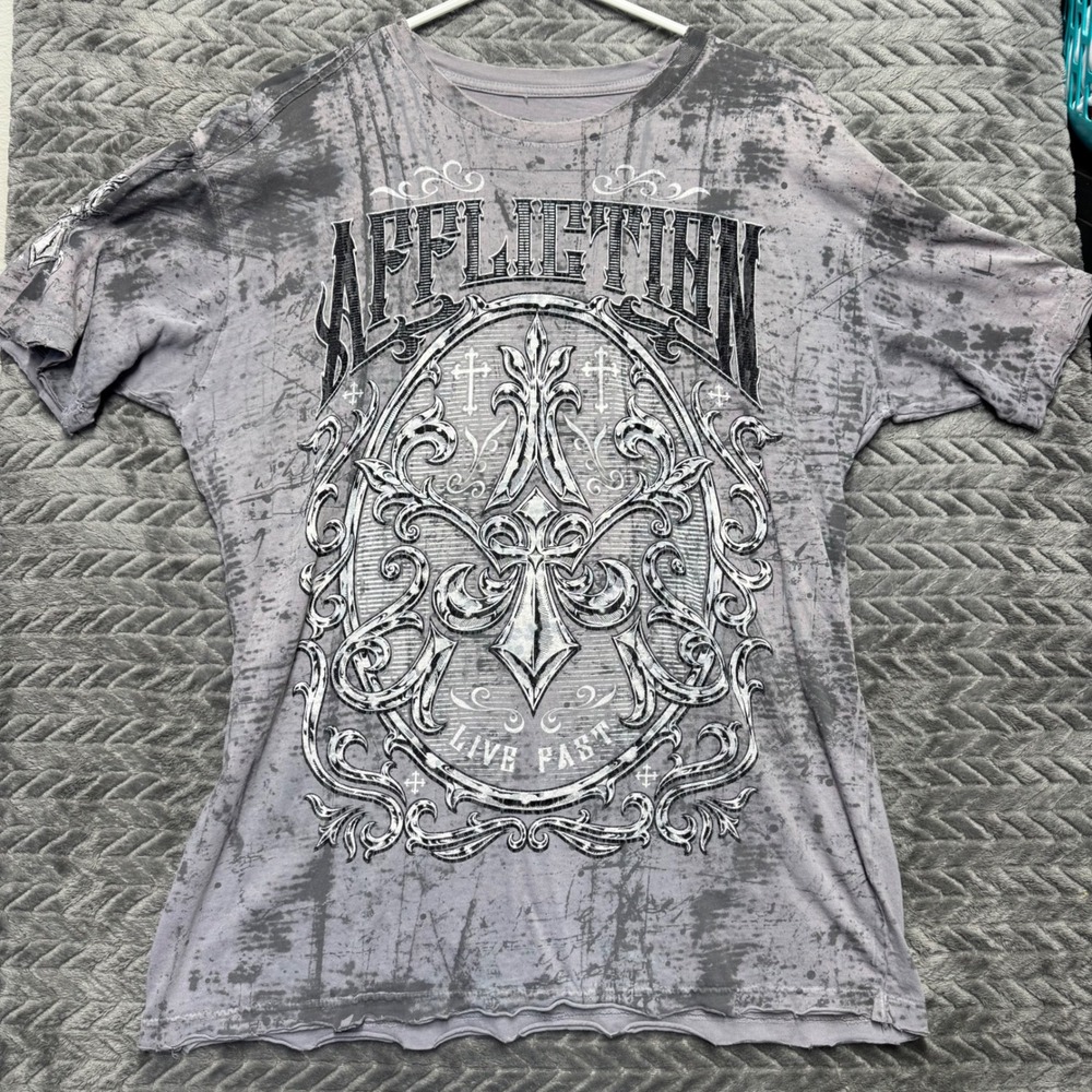 Affliction Graphic T-Shirt XL Gray Excellent Y2K Moto Distressed (1624)
